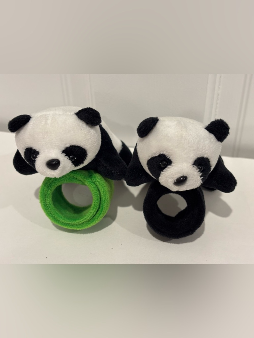 Plush Panda Snap Wrist Toy Bracelet- Black and Green, set of 2.